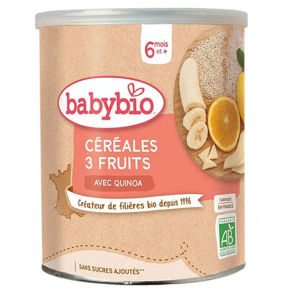Babybio Céréales 3 Fruits 220G avec Quinoa dès 6 mois - Produit bébé Kidilo disponible sur kidilo.ma, site officiel au Maroc