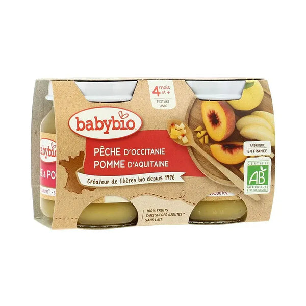 Babybio Pêche Pomme d’Aquitaine 2 X 130G - Produit bébé Kidilo disponible sur kidilo.ma, site officiel au Maroc