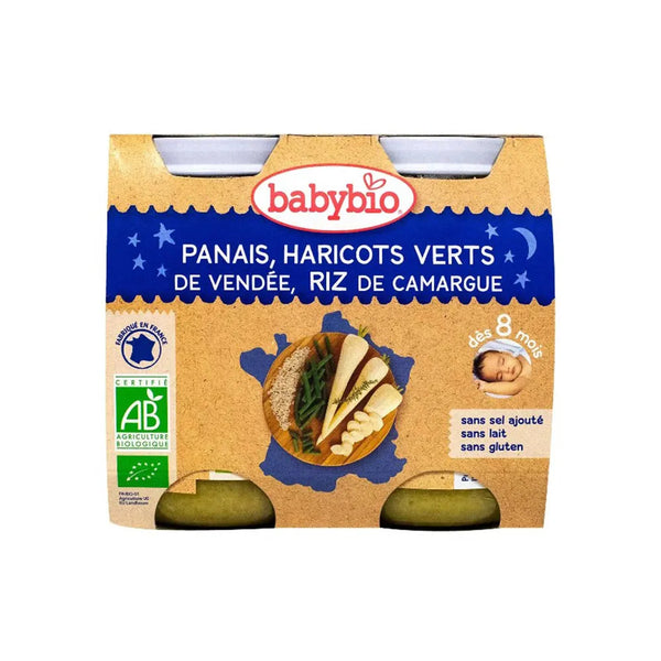Babybio Petit Pot Bonne Nuit Panais Haricots Verts Riz 2x200g - Produit bébé Kidilo disponible sur kidilo.ma, site officiel au Maroc