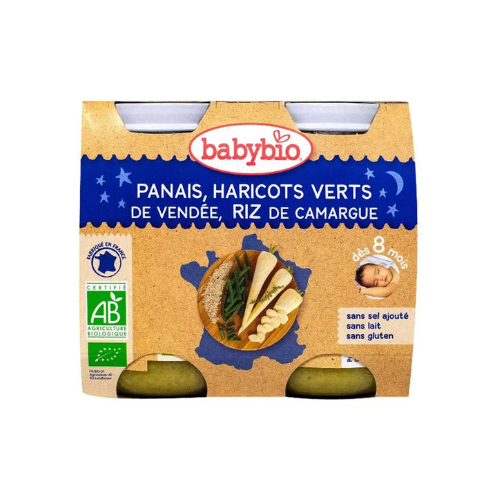 Babybio Petit Pot Bonne Nuit Panais Haricots Verts Riz 2x200g - Produit bébé Kidilo disponible sur kidilo.ma, site officiel au Maroc
