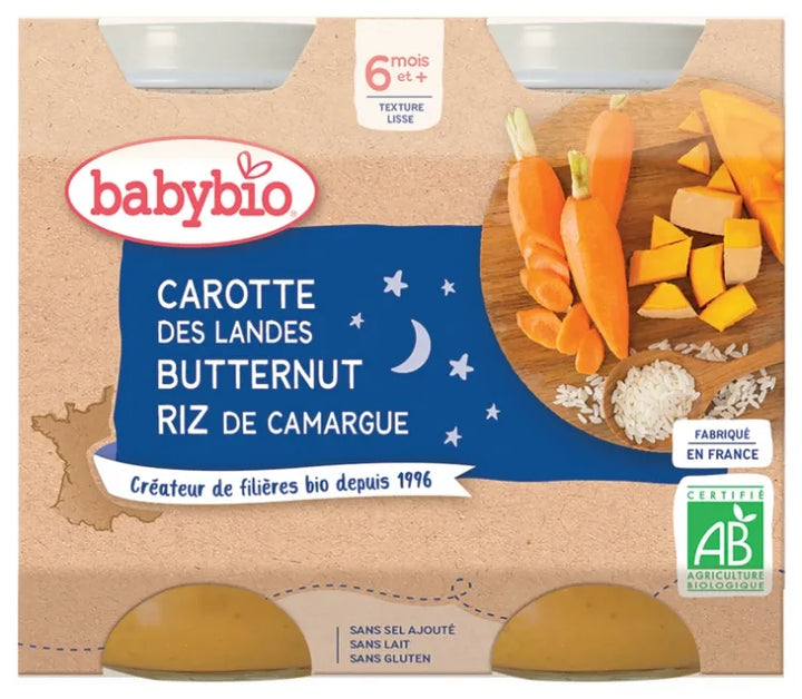 Babybio - 2 Pots de 200g Carotte Butternut Riz 6 Mois et + - Produit bébé Kidilo disponible sur kidilo.ma, site officiel au Maroc